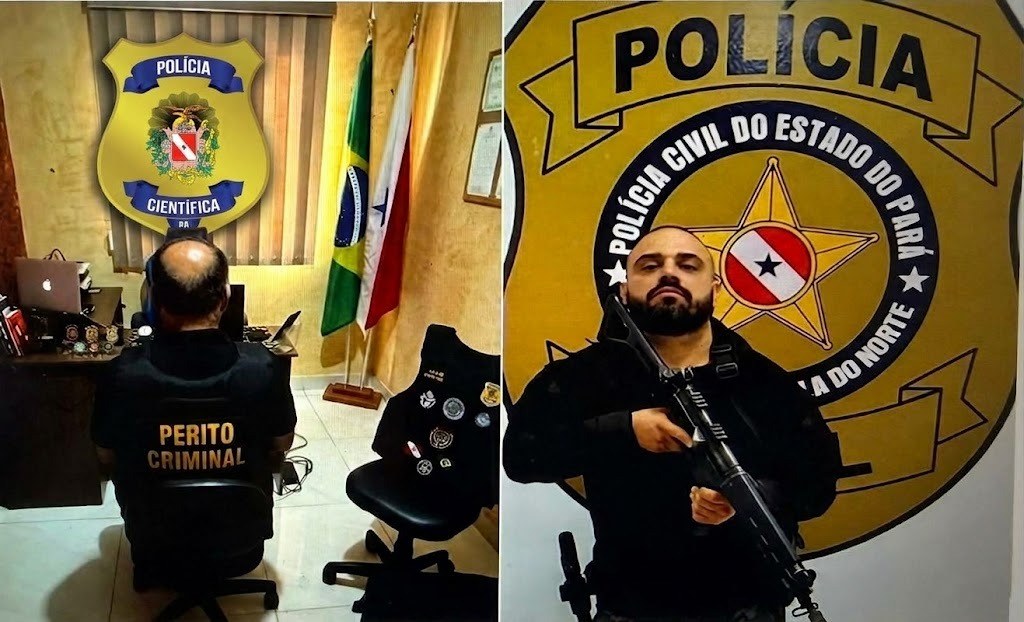 O perito criminal Ibsen Maciel, da Polícia Científica do Pará, diante do computador, ao lado de foto de um investigador da Polícia Civil