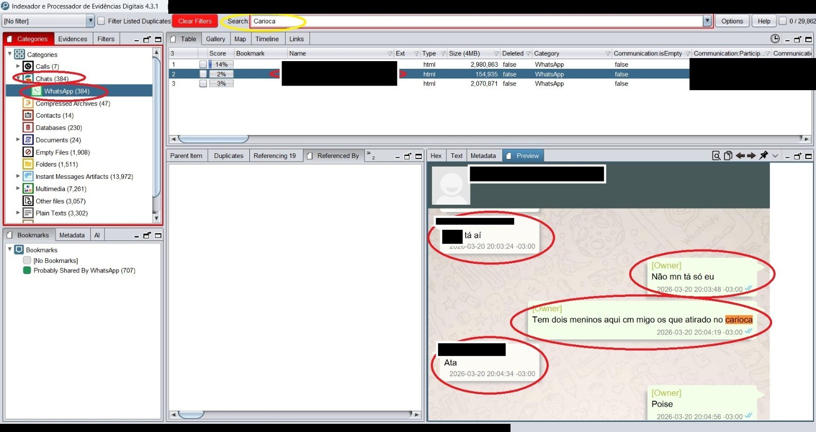 Tela do programa de análise com busca por uma palavra e conversa de WhatsApp com mensagens datadas