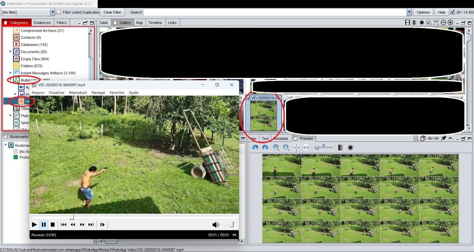 Tela do programa de análise com vídeo de uma pessoa atirando ao ar livre